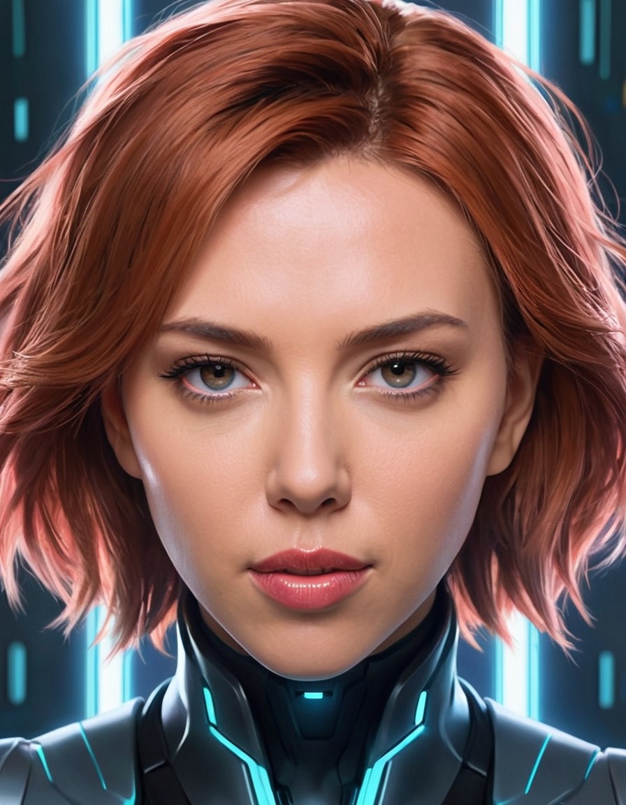 scarlett johansson, anime, portrait, cybernetic enhancements