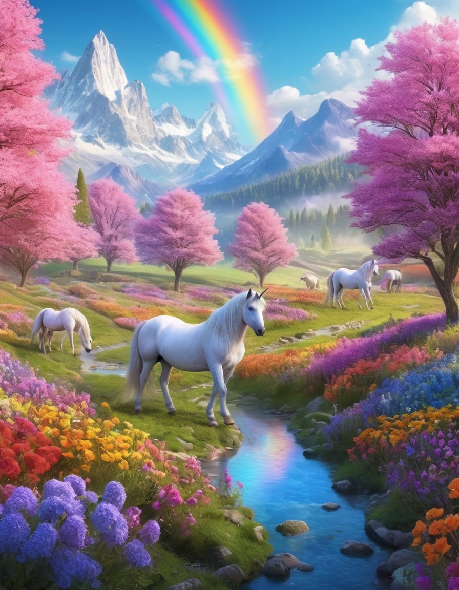 unicorns, valley, ethereal, rainbow-colored flowers, fantastic