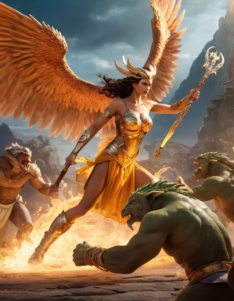 hera, epic, battle, monsters, greek mythology, fight scene, mythological creatures