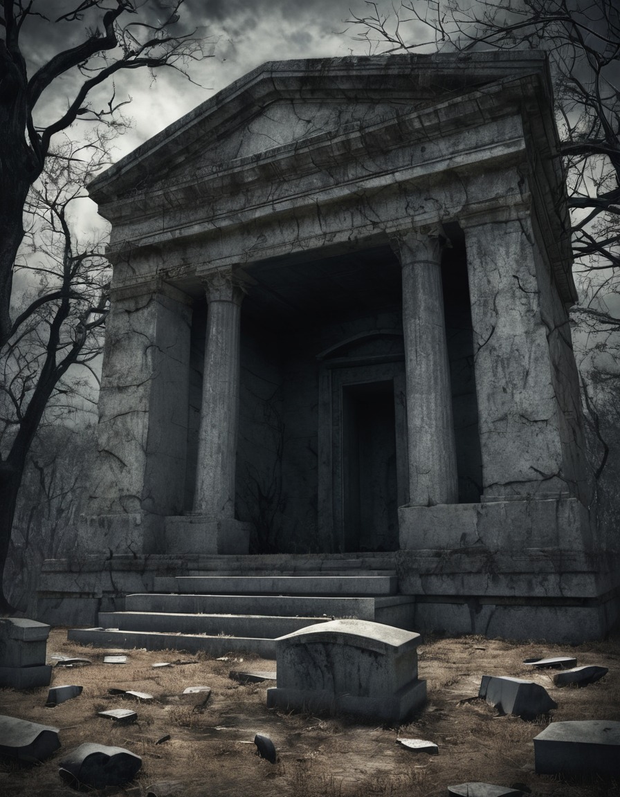 old, weathered, mausoleum, gravestones, gothic, underground, dark