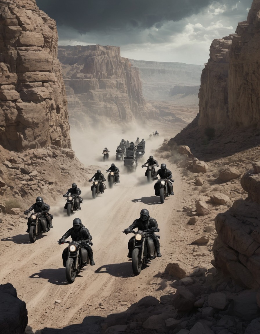 raiders, convoy, motorcycle, chase, rocky canyon, danger, action, mad max