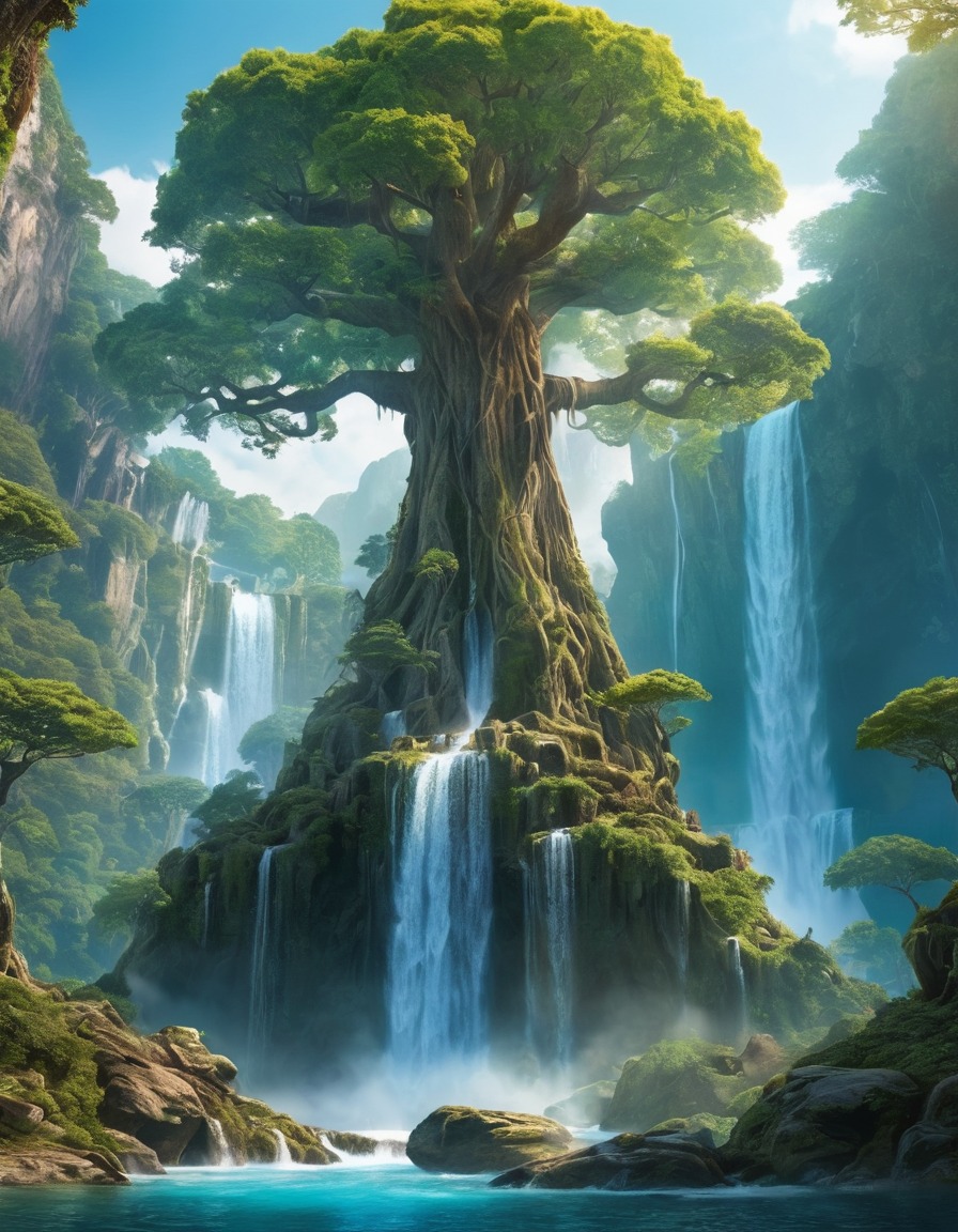 nature, ancient tree, waterfalls, mystical creatures, fantasy, fantastic