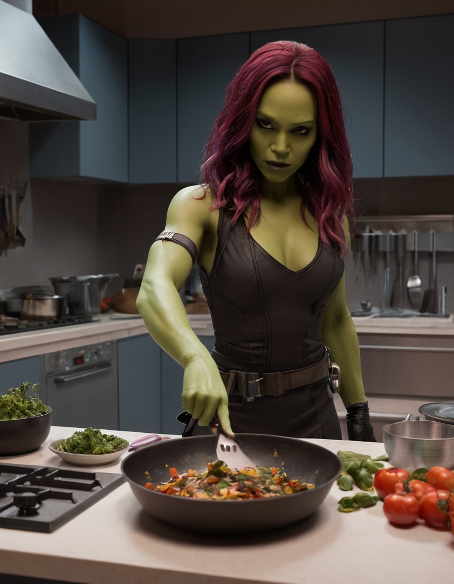 gamora, cooking, kitchen, marvel, dinner, superhero, superheroine, bikini