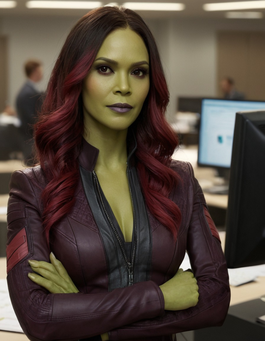 gamora, guardians of the galaxy, marvel, office worker, superhero, workplace dynamics