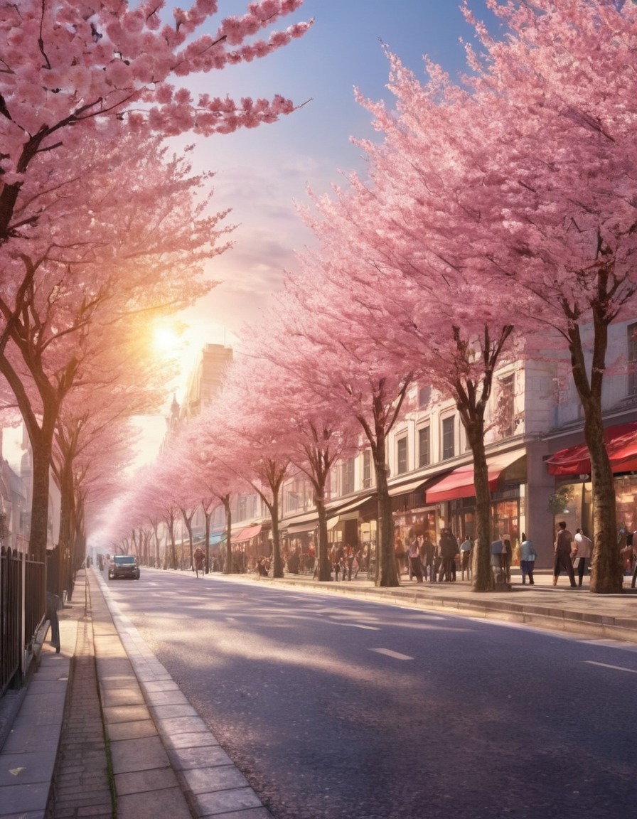 city life, cherry blossoms, spring, urban landscape, nature, city