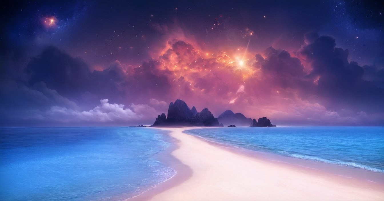 beach, digitalillustration, digitalpainting, dreamscape, fantasyillustration, sciencefictionfantasy, stars, galaxystars