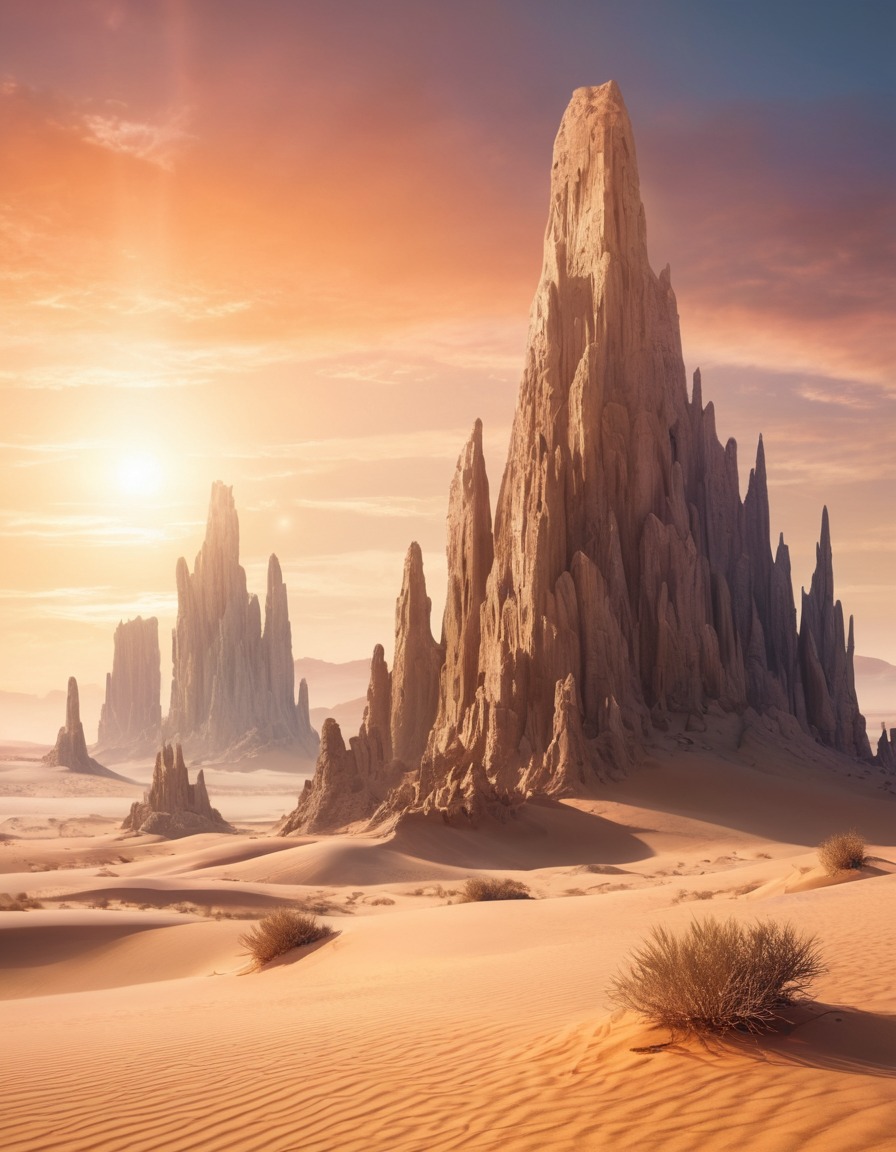 desert landscape, rock formations, sand dunes, mystical beings, fantastic