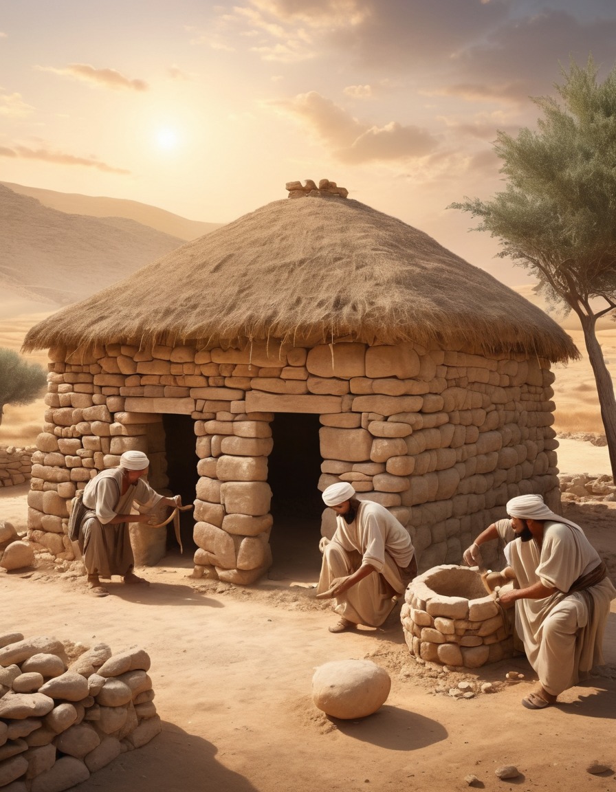 neolithic, middle east, ancient men, stone house, rural village, construction, 6000 bc