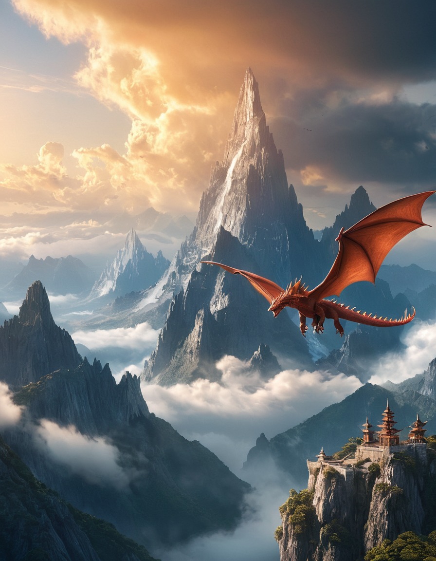 mountain range, dragons, clouds, fantasy, fantastic