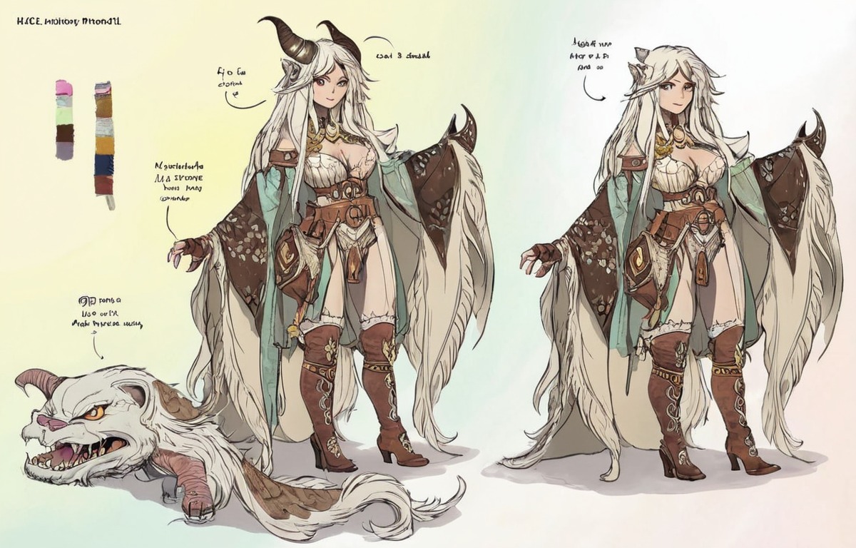 characterdesign, fantasycharacter, characterconcept, referencesheet, digitalart, animegirl, fantasyart, horns, longtail, shawl, whitehair