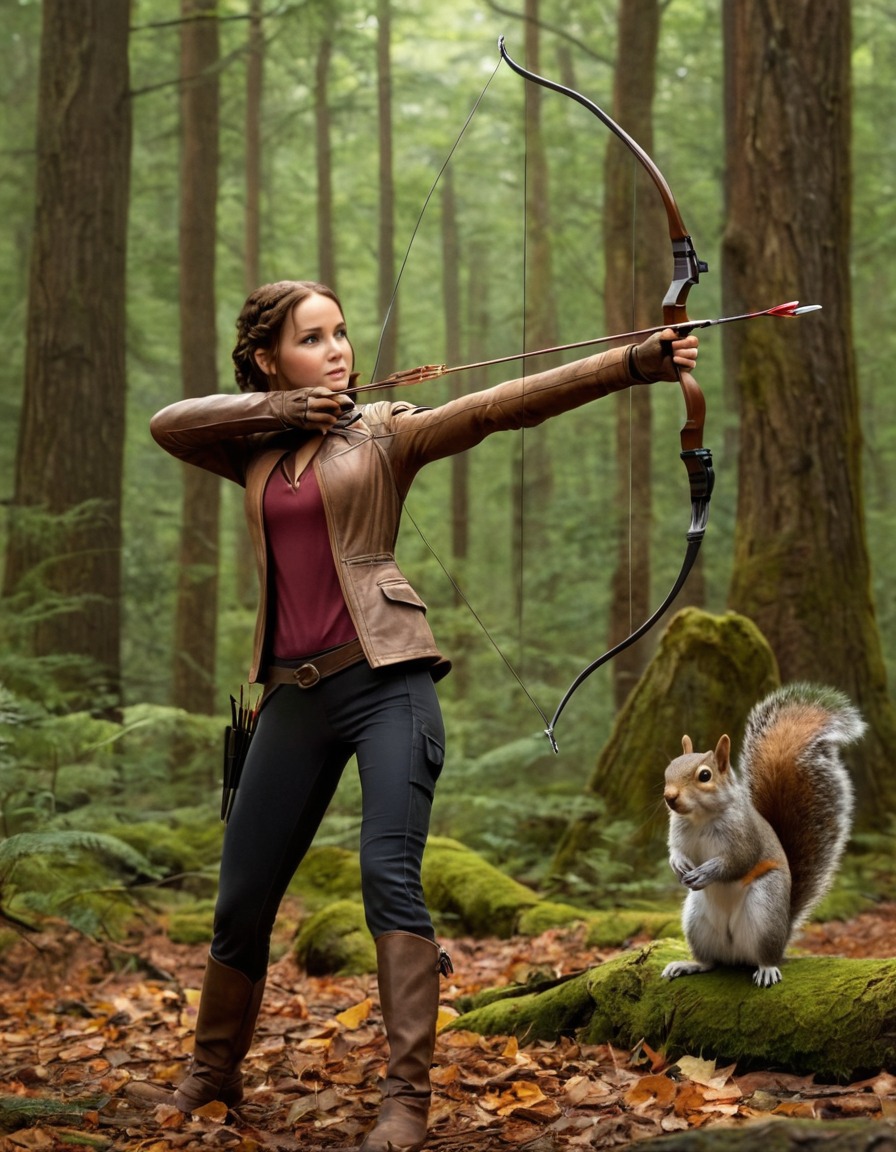 katniss everdeen, squirrel, forest, friendship, archery, nature, adventure, books