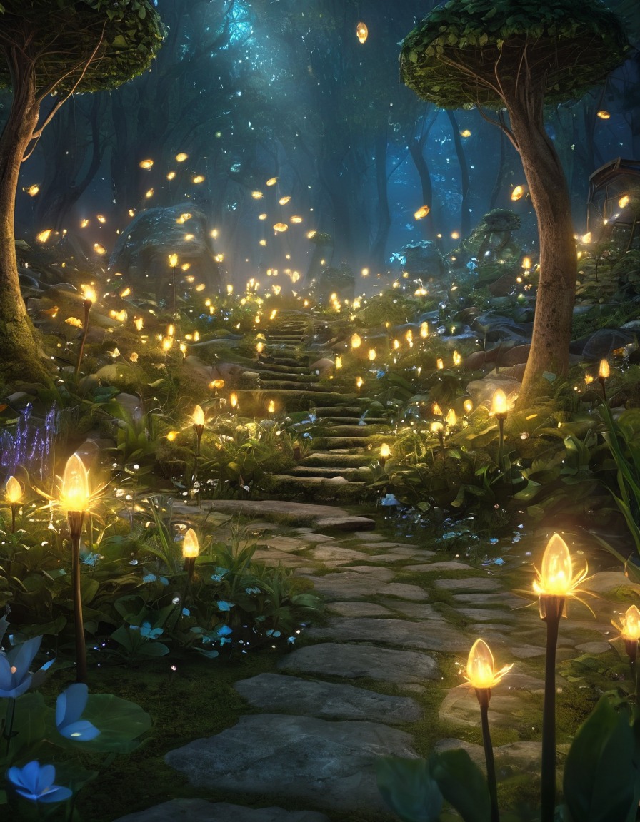 mystical garden, singing fairies, glowing fireflies, fantasy scene