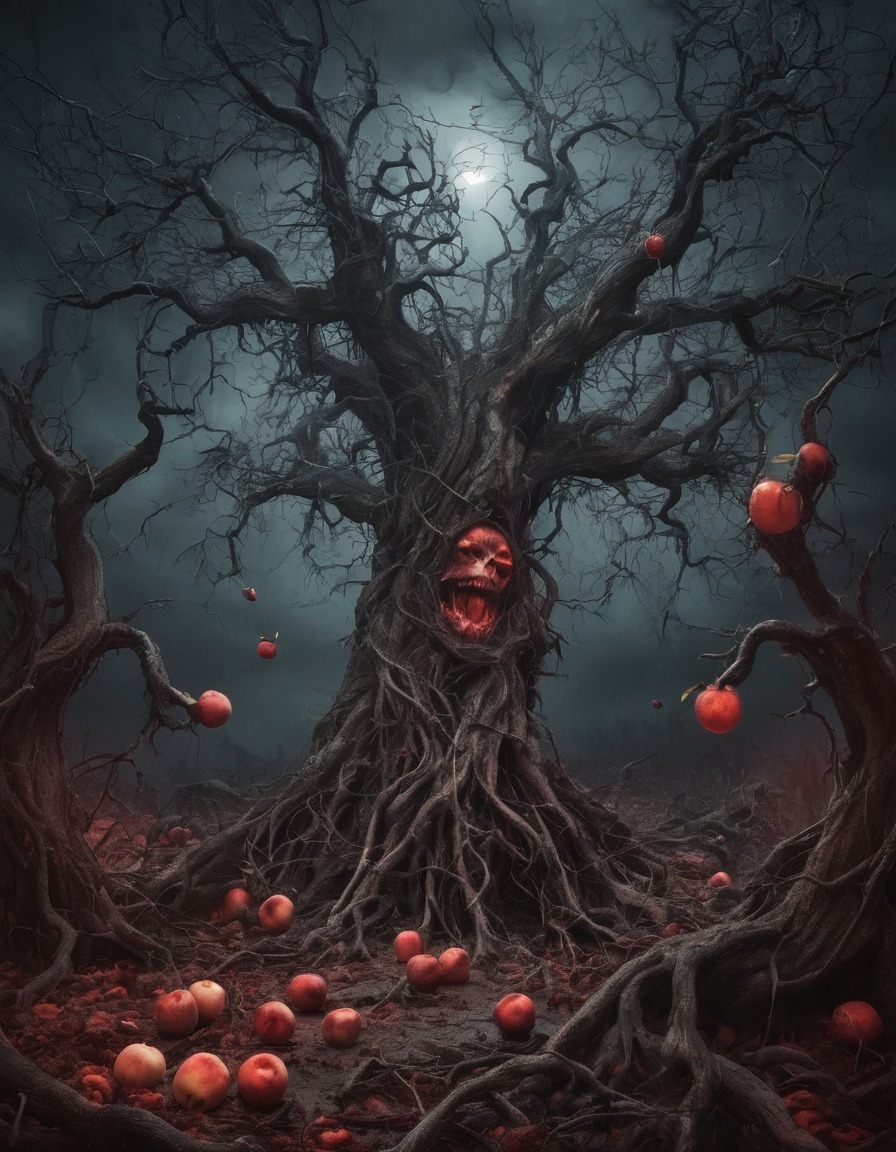 twisted trees, cursed fruit, hell, inferno, dark fantasy, supernatural, demonic imagery