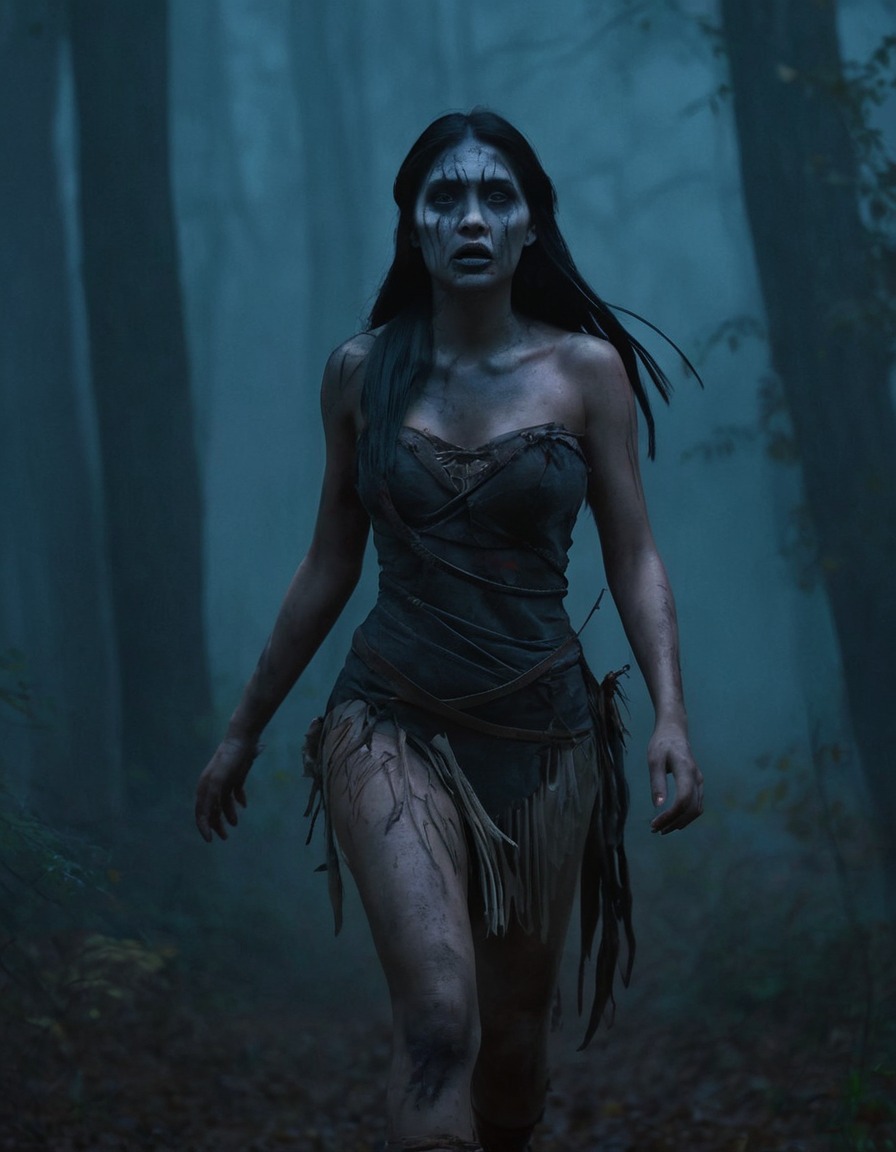 pocahontas, disney, zombie, forest, night, horror