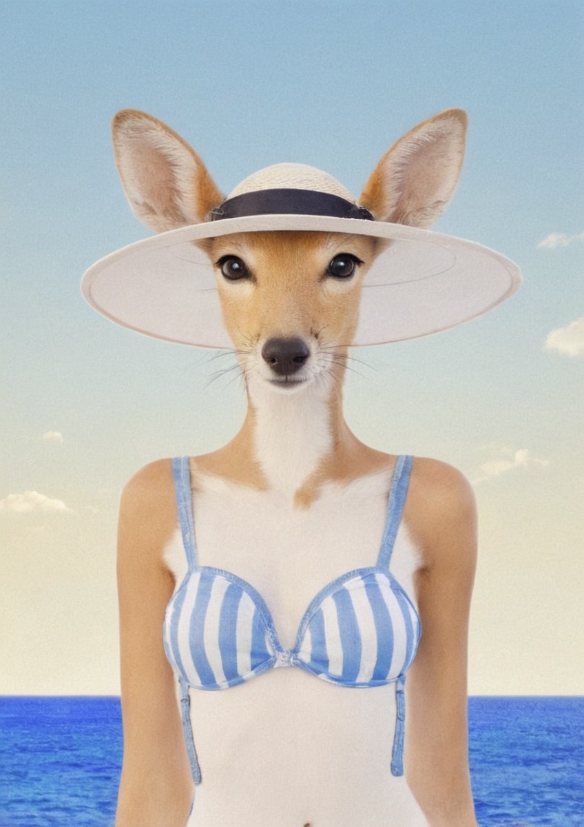 anthro, beach, bikini, deer