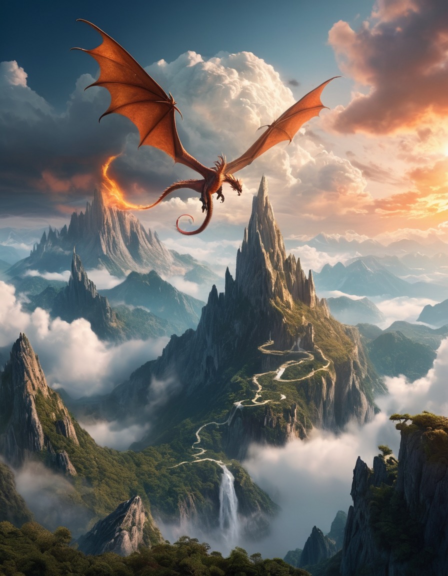 mountain range, dragons, mystical, fantasy, clouds, fantastic