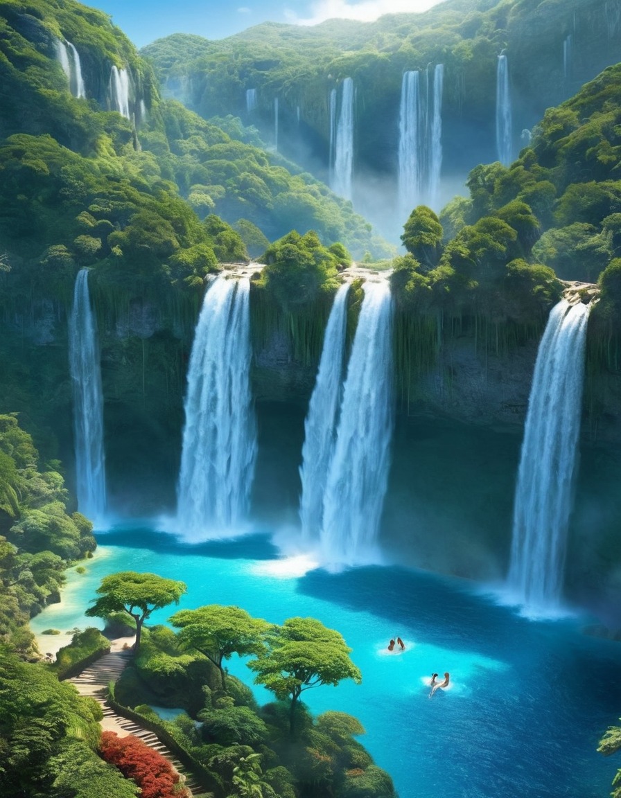 heaven, angels, waterfalls, crystal-clear pools, majestic, nature