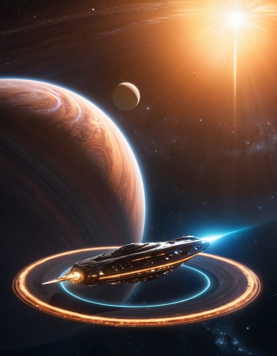 space, spaceship, giant planet, glowing rings, space scene