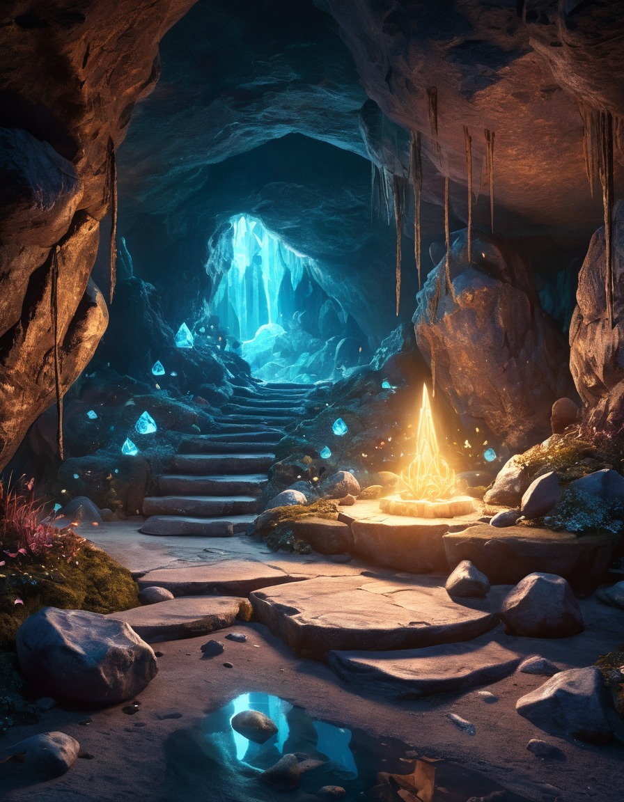 cave, crystals, runes, mystical, enchantment, fantastic