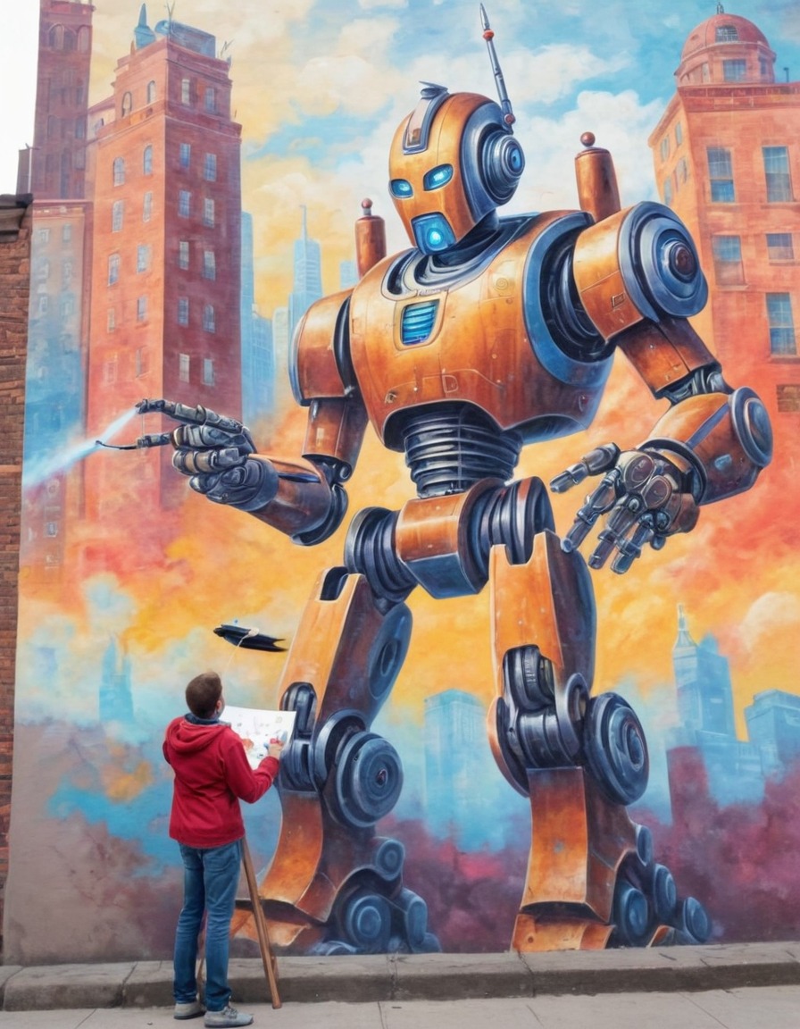 robot, artist, mural, city wall, creativity, robots