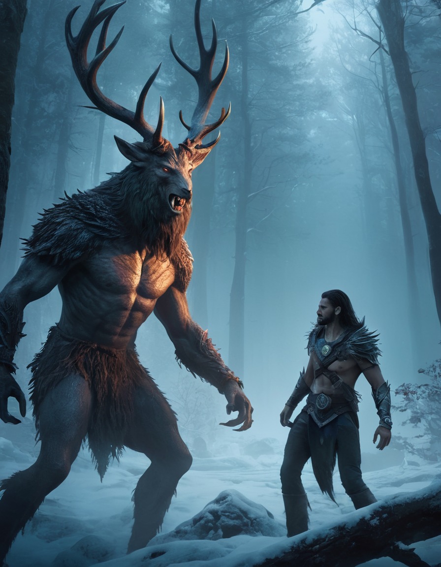 warrior, wendigo, mystical, forest, showdown