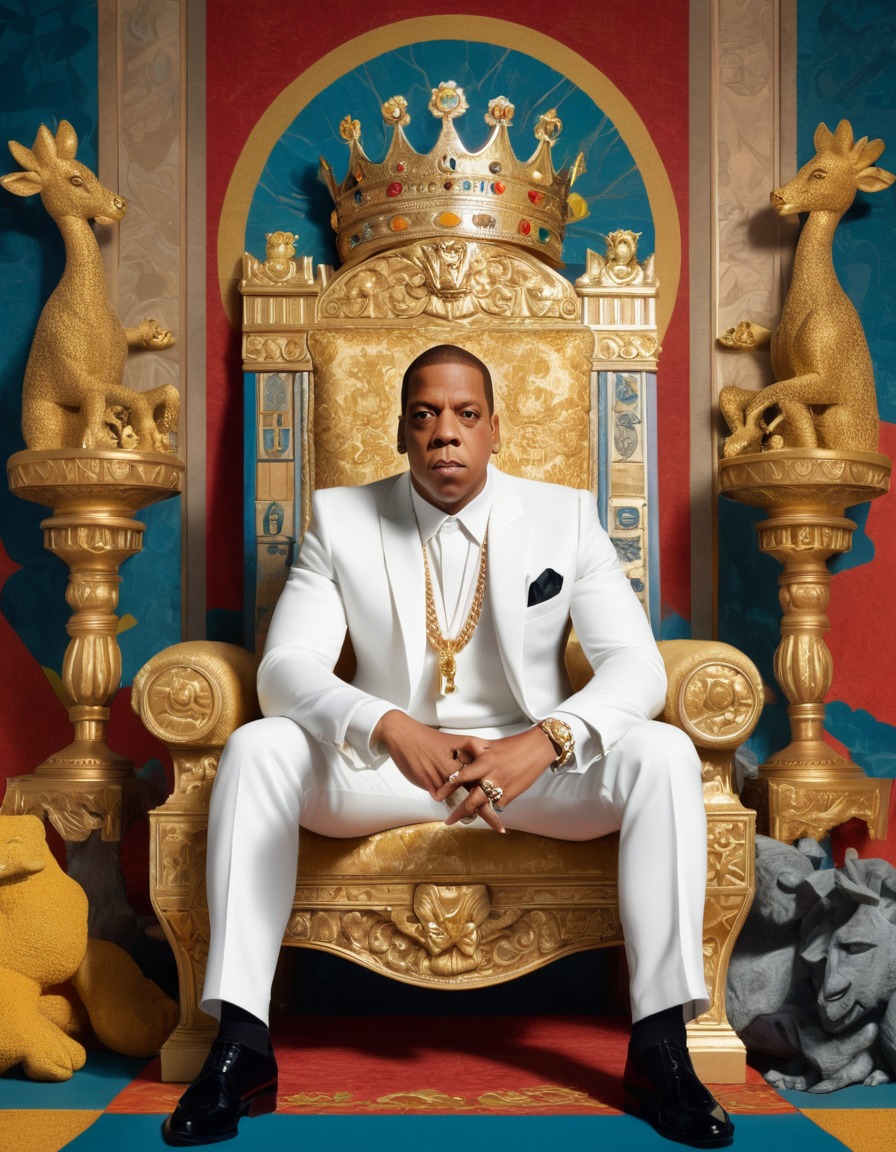 jay-z, modern day, king, regal attire, throne, wealth, power