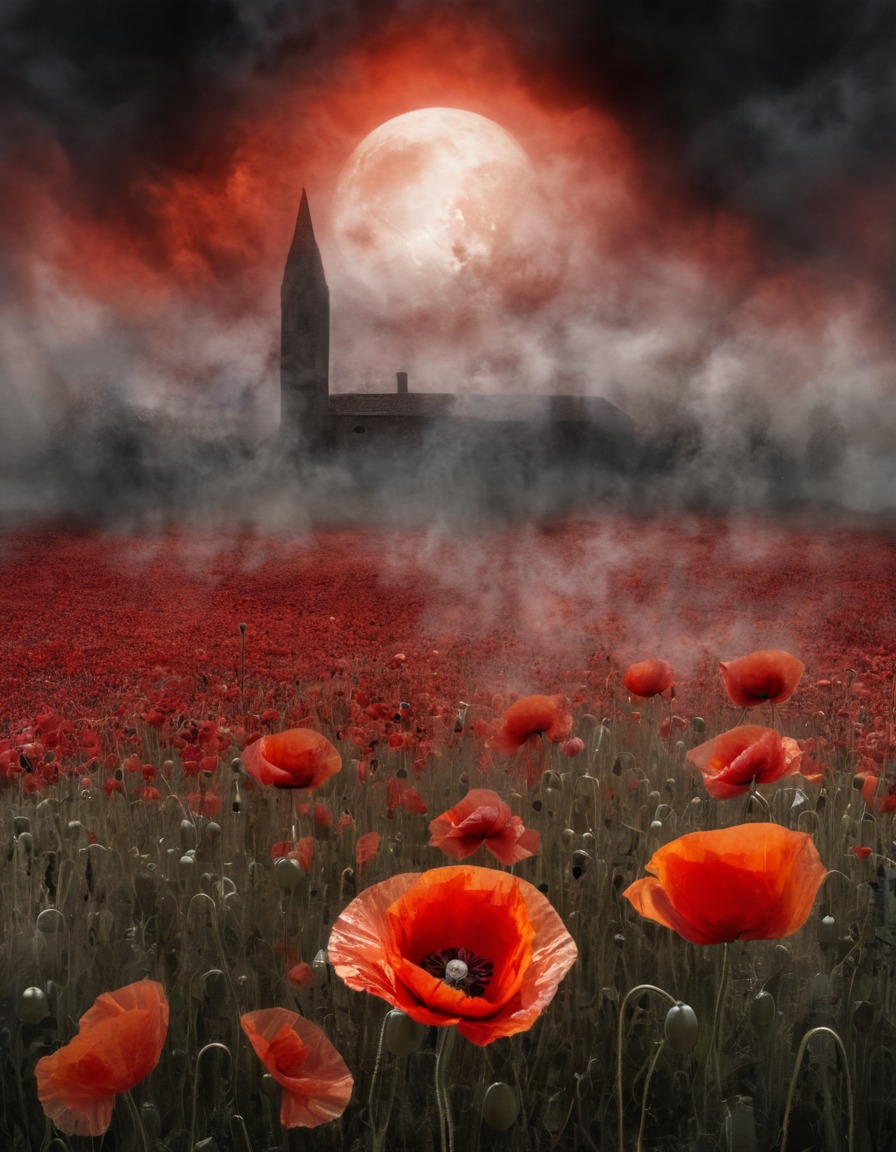 mystical, dreamlike vapors, poppies, field, nature