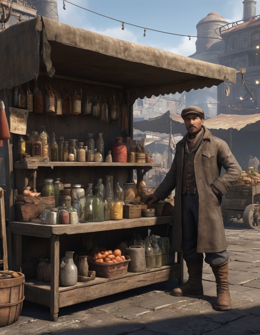 post-apocalyptic, trader, makeshift stall, salvaged goods, marketplace, fallout-inspired, fallout, games, tv shows