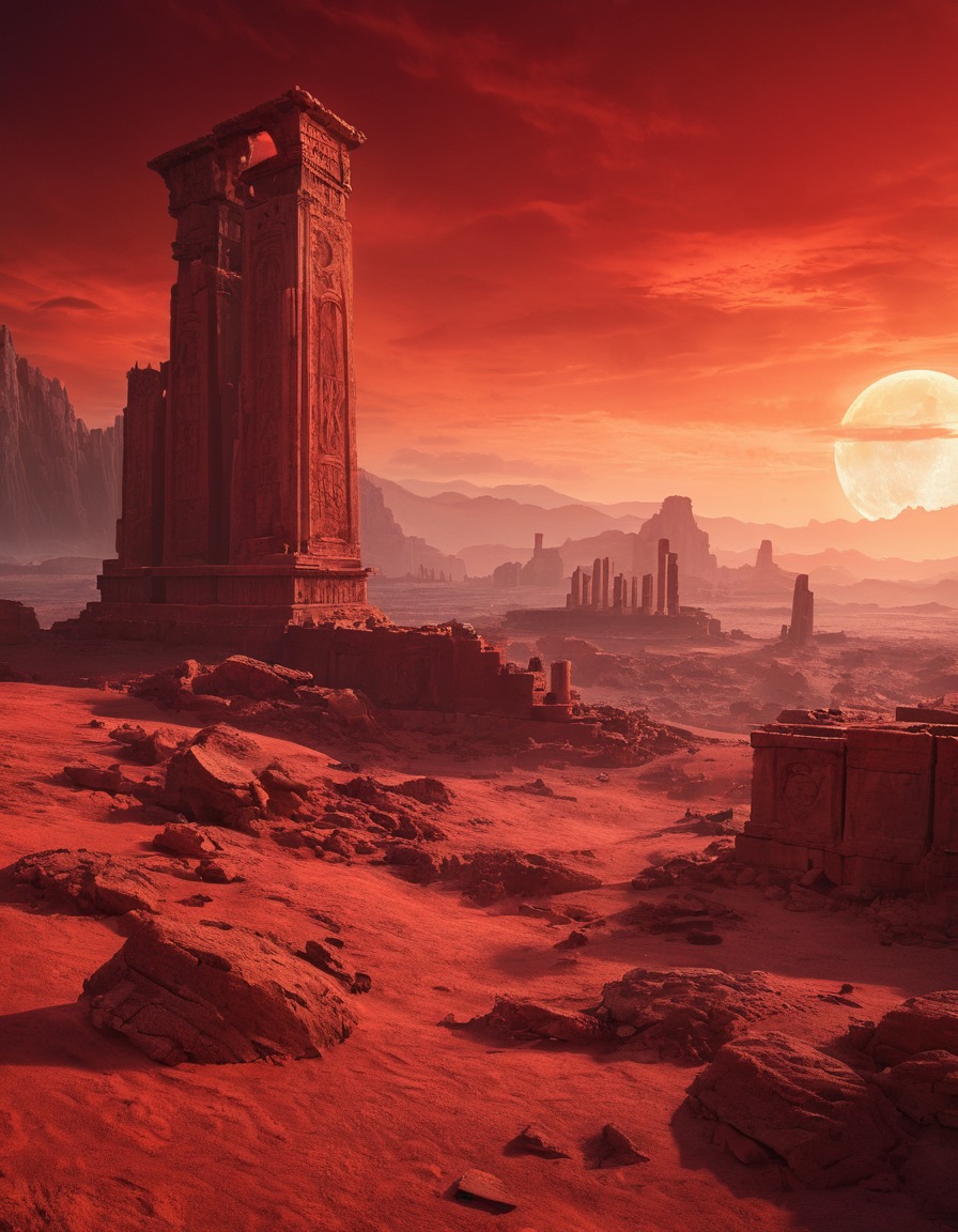 desolate, otherworldly, ruins, ancient, evil, blood-red sky, fantasy landscape, lovecraft, howard lovecraft