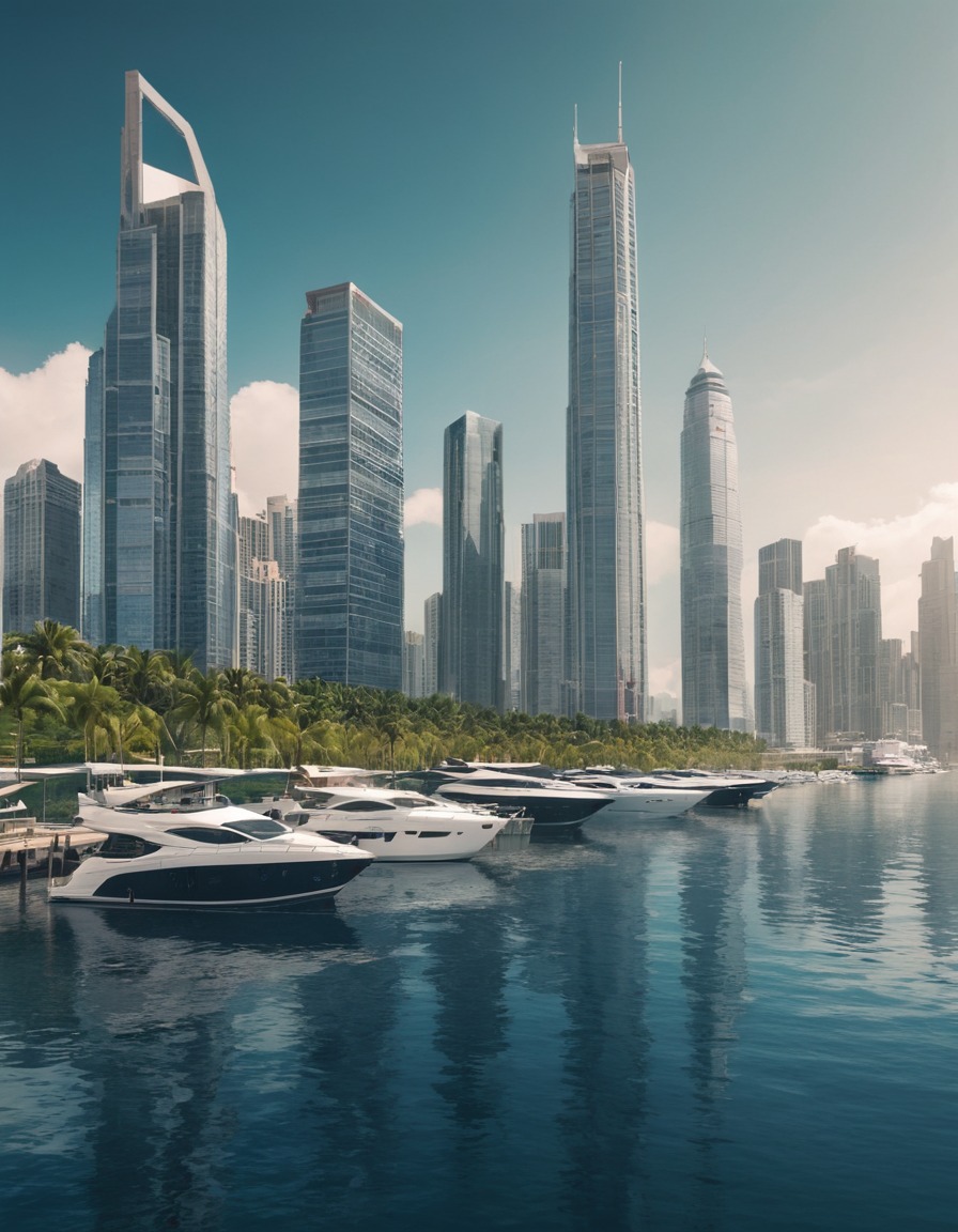 cityscape, waterfront, yachts, skyscrapers, modern architecture, modern city, city