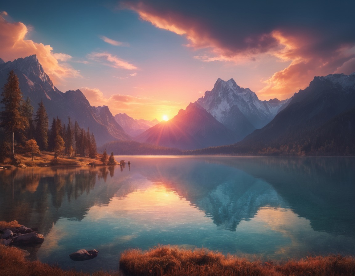 nature, landscape, sunset, mountains, reflection