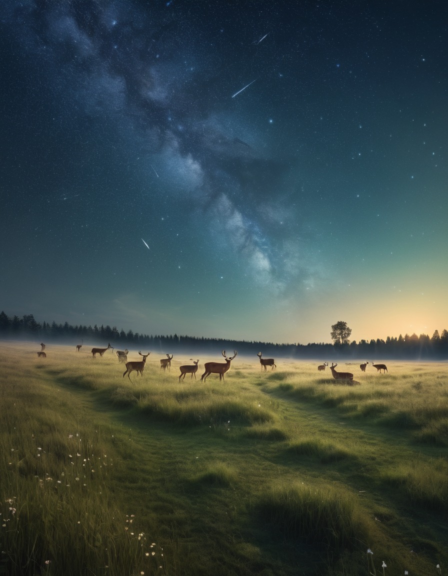 nature, meadow, deer, stars, tranquility