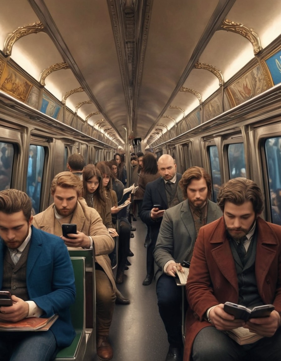 subway train, passengers, smartphones, medieval style, fresco, crowded, medieval, art