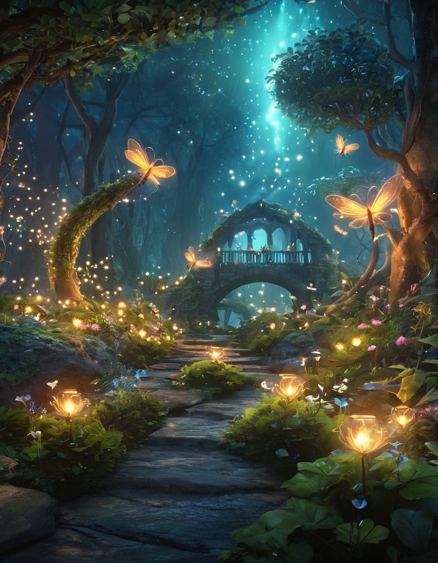 mystical garden, singing fairies, glowing fireflies, fantasy scene, enchanted creatures