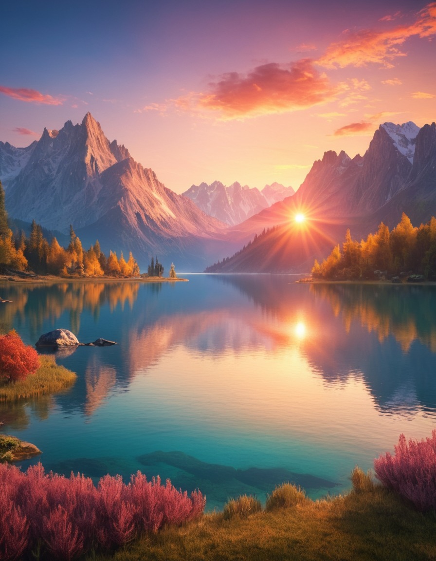 sunrise, colorful, lake, mountains, nature