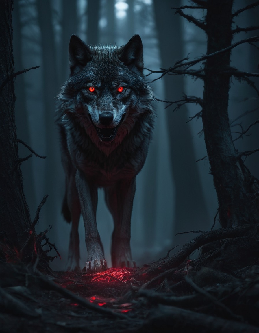 wolf, red eyes, dark forest, lurking, gothic, underground, dark