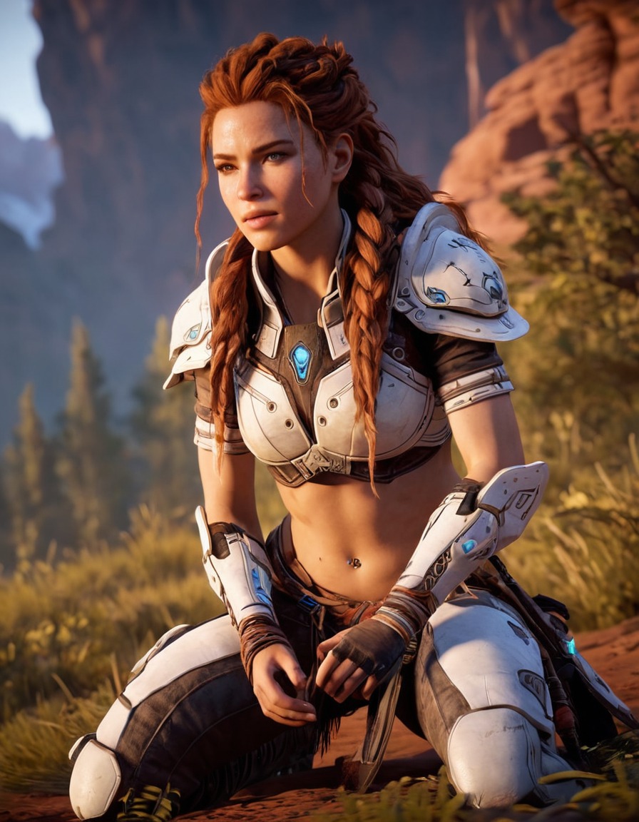 aloy, horizon zero dawn, action-adventure, playstation, heroine, combat, robotic enemies