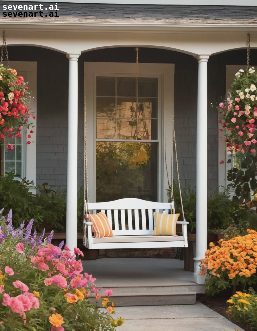 porch swing, colorful flowers, cozy, inviting, front porch, house, home