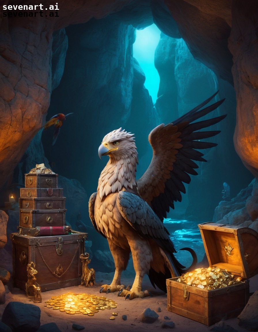 griffin, treasure trove, hidden cave, fantasy, mystical