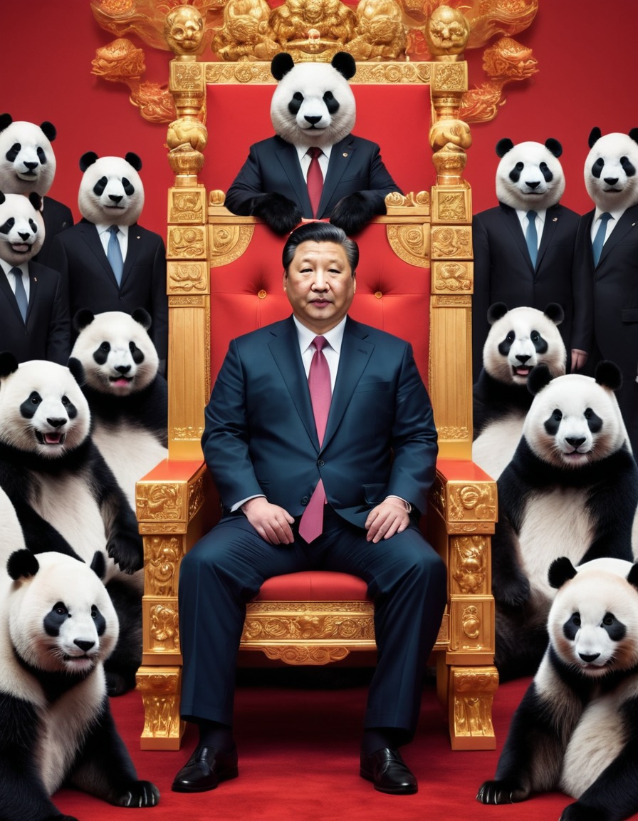 xi jinping, throne, disposable masks, pandas, business suits, politics, fun