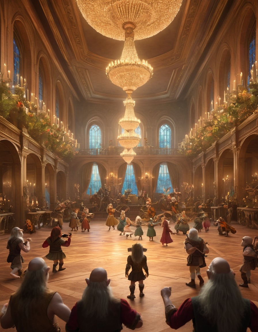 trolls, dwarves, enchanted instruments, grand ballroom, fantasy scene, lively music, dance