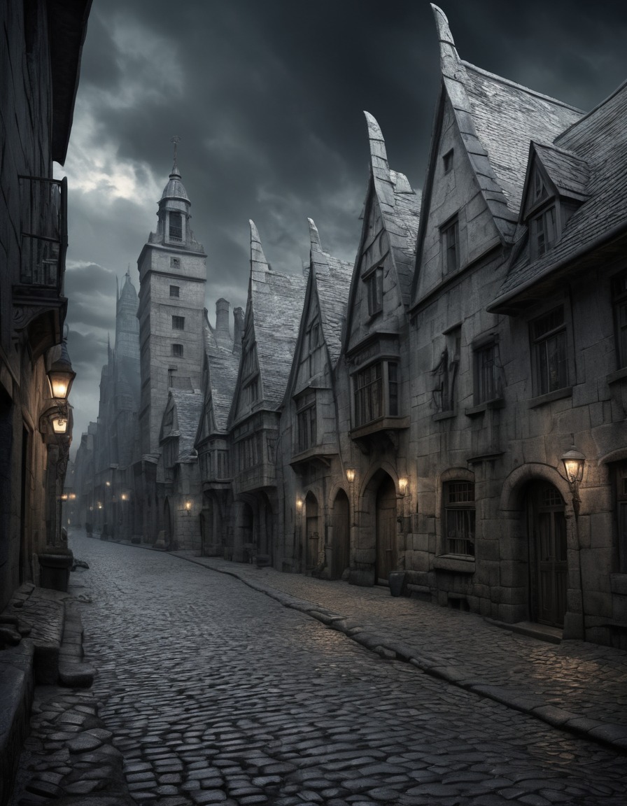 architecture, cobblestone street, ancient buildings, gargoyles, european, historical, gothic, underground, dark