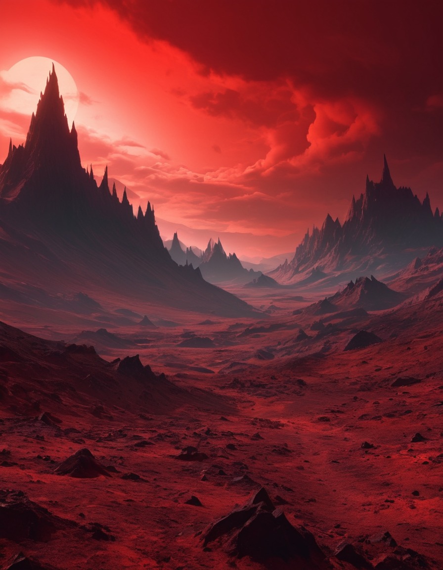 desolate, landscape, blood-red sky, jagged peaks, unnatural clouds, lovecraft, howard lovecraft