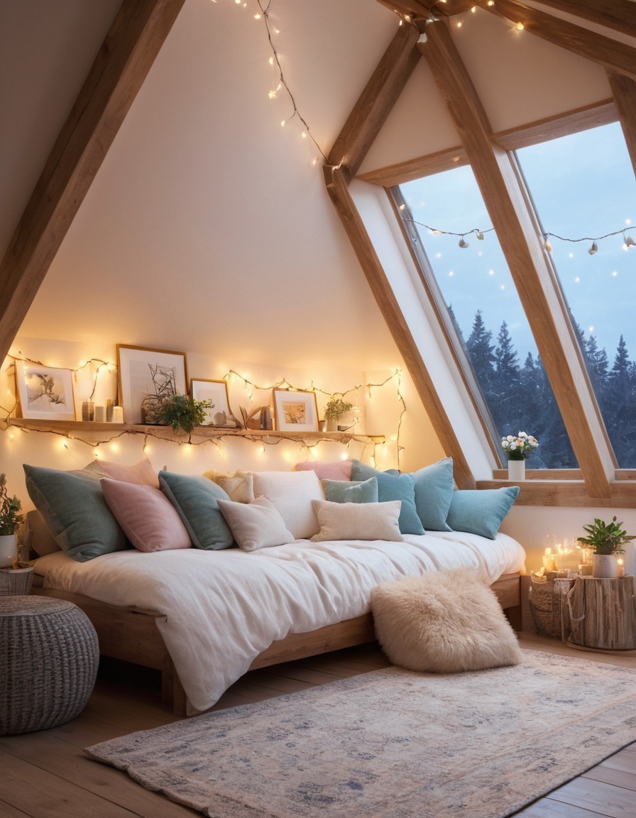 attic, retreat, cozy, fairy lights, cushions, interior design, home, interior