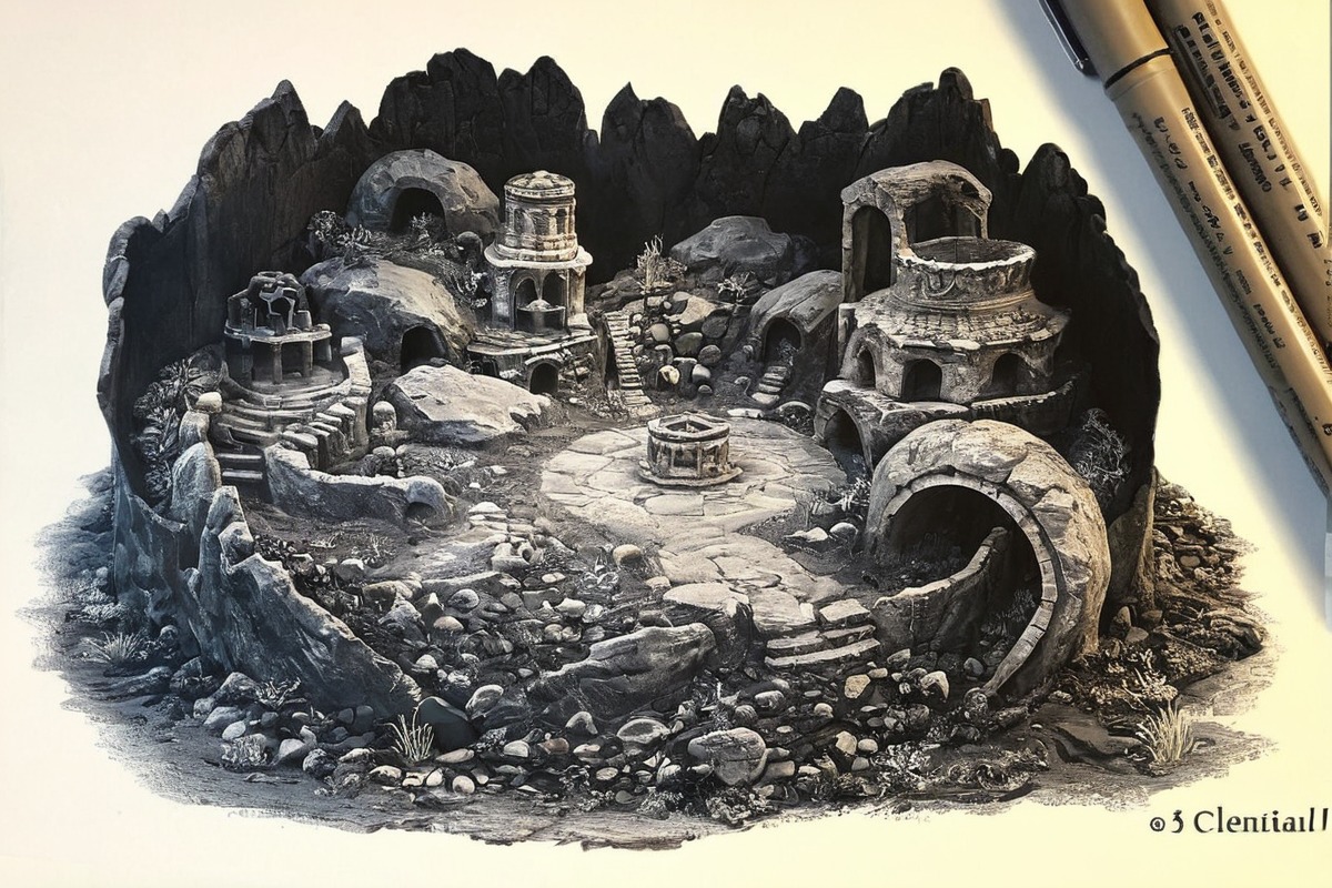 traditionalart, ink, inktober, blackandwhite, cave, frenchfries, hamburger, vessels