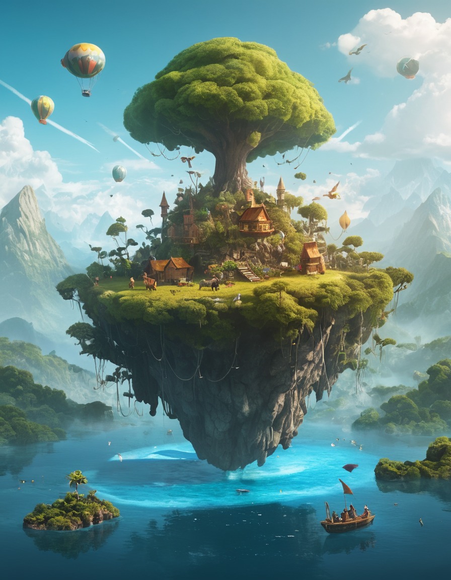 fantasy, magical creatures, anthropomorphic animals, floating island, whimsical, fantastic