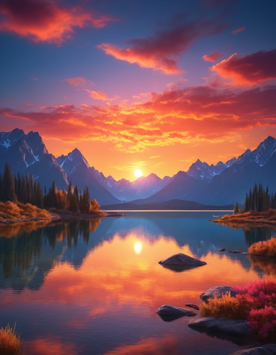 sunset, lake, mountains, nature, landscape