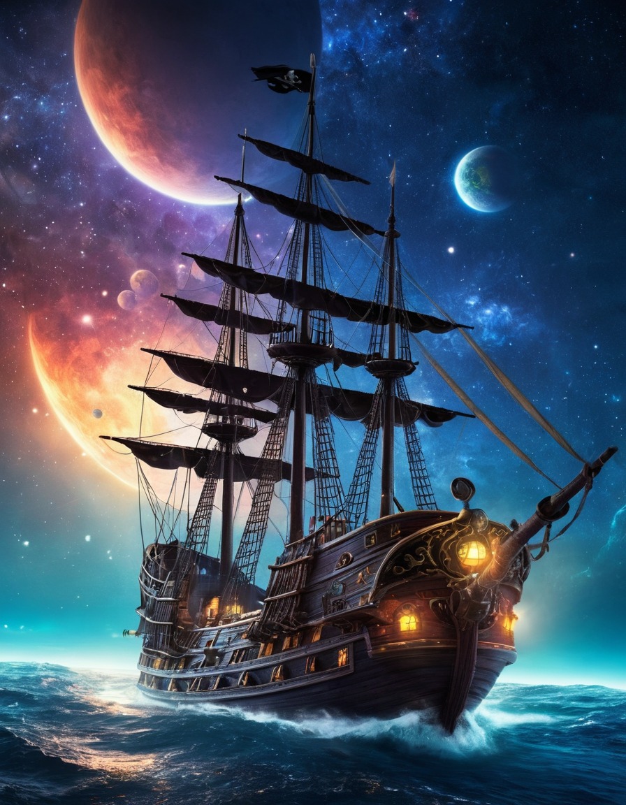 pirate ship, outer space, science fiction, adventure, fantasy, extraterrestrial, exploration