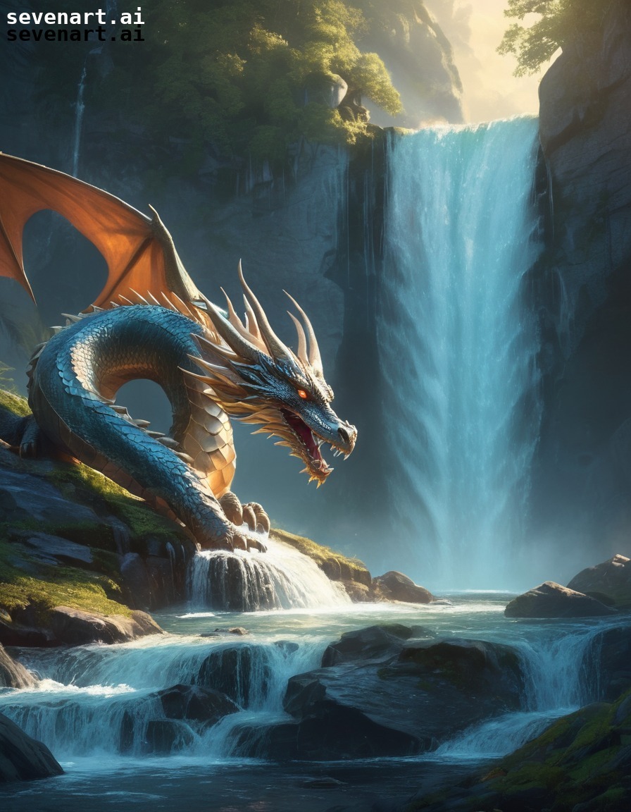 dragon, fantasy, waterfall, scales, sunlight