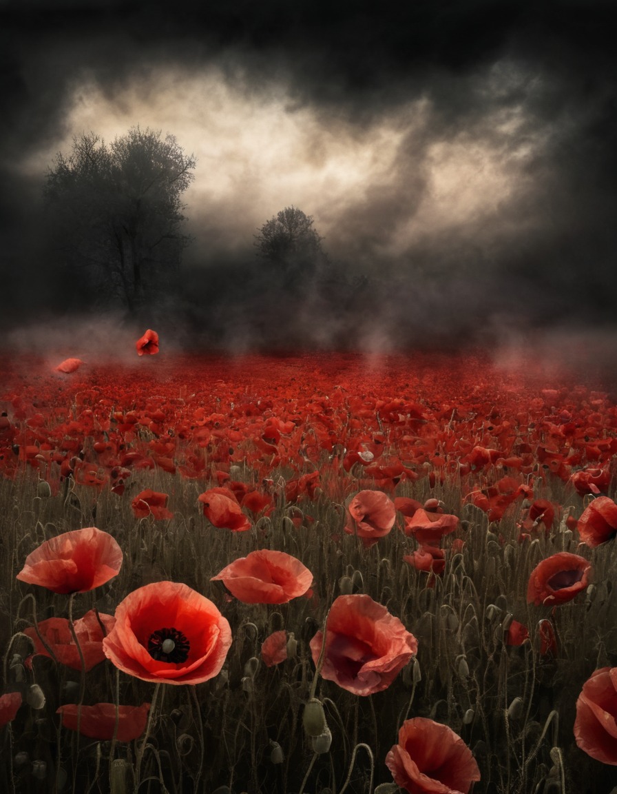 mystical, dreamlike vapors, poppies, field, nature